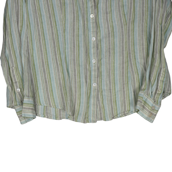 Chicos Blouse Womens Size 2 Green Stripe 100% Linen Long Sleeve Collared - Picture 3 of 8